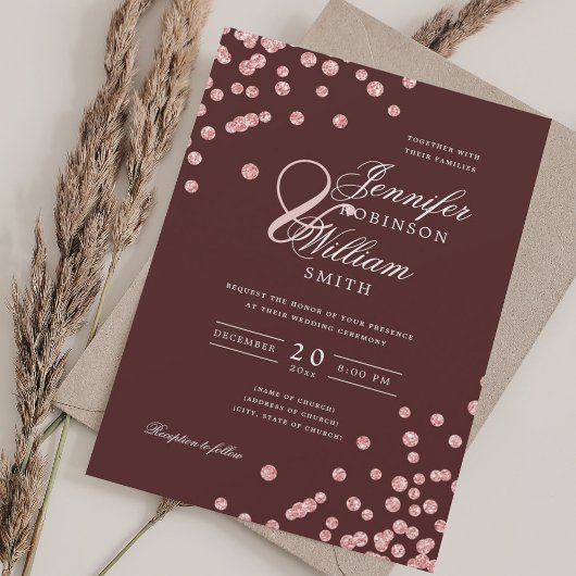 Elegante Script Wedding Rose Gold Confetti Burgund Einladung