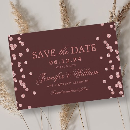 Elegante Script Wedding Rose Gold Confetti Burgund Save The Date