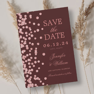 Elegante Script Wedding Rose Gold Confetti Burgund Save The Date