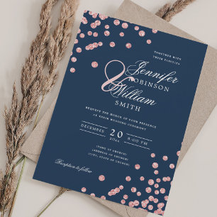 Elegante Script Wedding Rose Gold Confetti Navy Bl Einladung