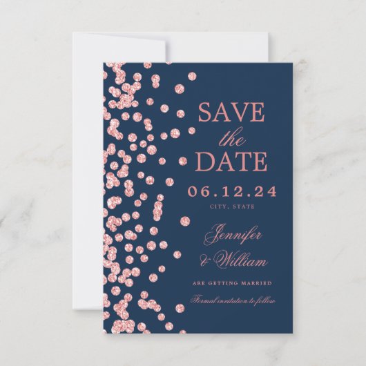 Elegante Script Wedding Rose Gold Confetti Navy Save The Date (Vorderseite)