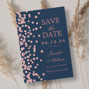 Elegante Script Wedding Rose Gold Confetti Navy Save The Date