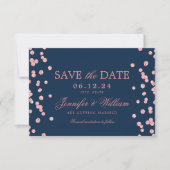 Elegante Script Wedding Rose Gold Confetti Navy Save The Date (Vorderseite)
