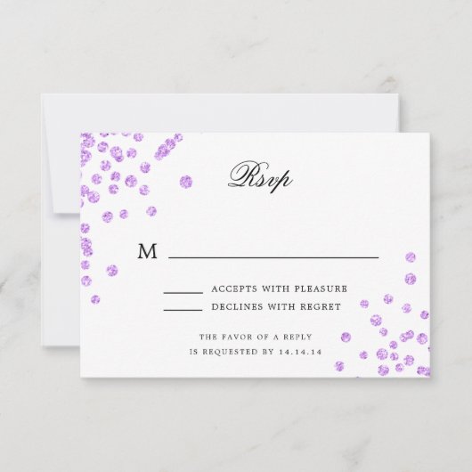 Elegante Script Wedding RSVP Lila Confetti (Vorderseite)