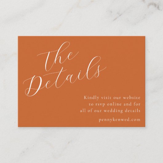 Elegante Script Wedding Website QR Code Terracotta Begleitkarte (Vorderseite)