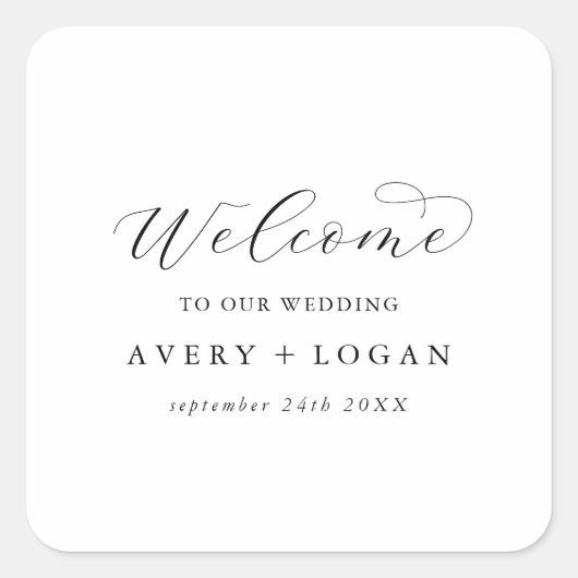 Elegante Script Wedding Welcome Square Sticker (Vorderseite)