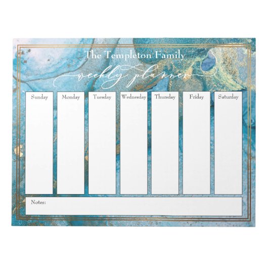 Elegante Script Weekly Planer Aquamarin & Gold Kun Notizblock (Vorderseite)