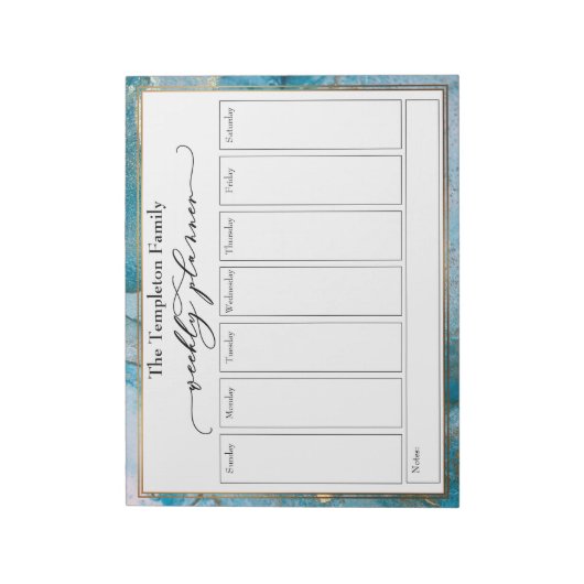 Elegante Script Weekly Planer Aquamarin & Gold Kun Notizblock (Rotiert)
