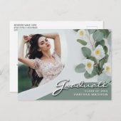 Elegante Script White-Blume | Modernes Foto Grad Postkarte (Vorne/Hinten)