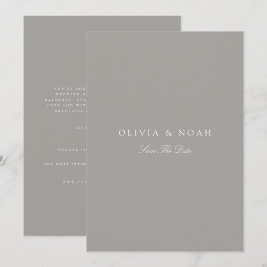 Elegante Script White & Gray Save the Date Card Ankündigung (Vorne/Hinten)