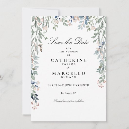 Elegante Script-Wildblumen Blumenhochzeit Save The Date (Vorderseite)