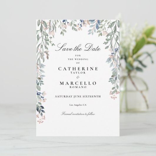 Elegante Script-Wildblumen Blumenhochzeit Save The Date (Stehend Vorderseite)