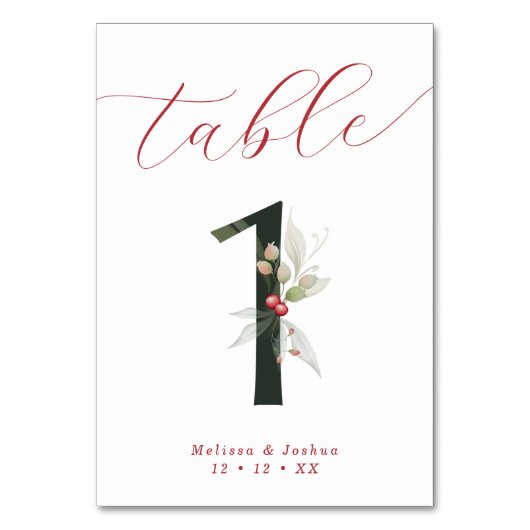 Elegante Script Winter Berries Tabelle 1 Tischnummer (Vorderseite)