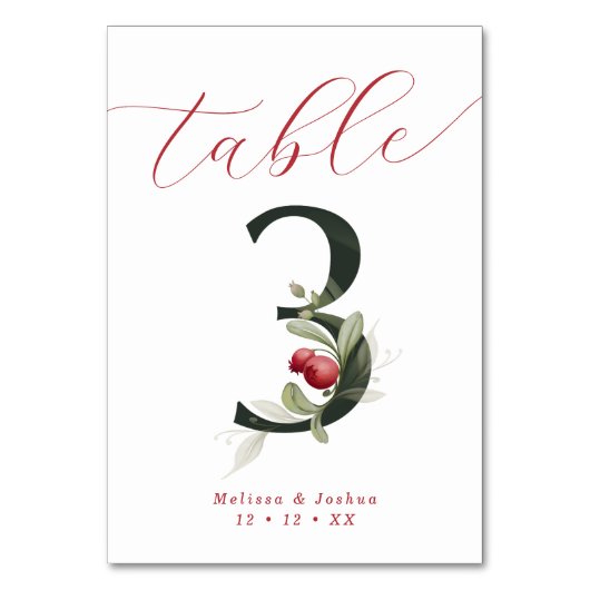 Elegante Script Winter Berries Tabelle 3 Tischnummer (Vorderseite)