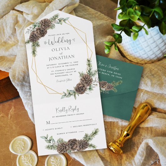 Elegante Script Winter Greenery Pine Cone Wedding All In One Einladung