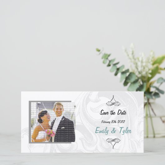 Elegante Scroll Wedding Save the Date-Fotokarten Date (Stehend Vorderseite)
