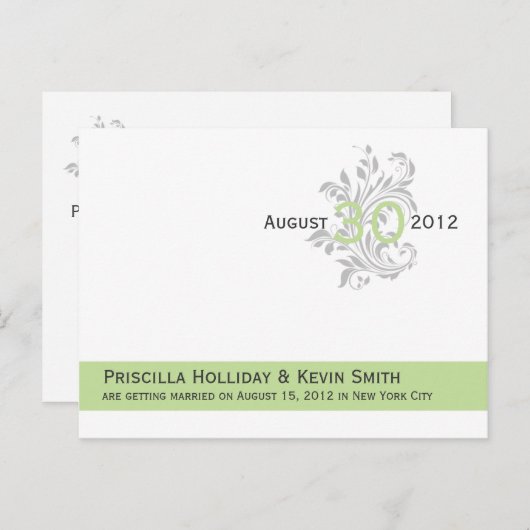Elegante Scrolls Celery Green Grey Save the Date Ankündigungspostkarte (Vorne/Hinten)