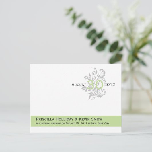 Elegante Scrolls Celery Green Grey Save the Date Ankündigungspostkarte (Stehend Vorderseite)