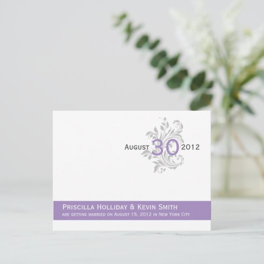 Elegante Scrolls Lavender Lila Gray Customized Sa Ankündigungspostkarte (Stehend Vorderseite)