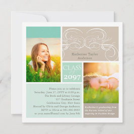 Elegante Scrolls Mint Two Foto Graduation Party Einladung