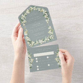 Elegante Seafoam Snowberry+Eucalyptus Wedding All In One Einladung