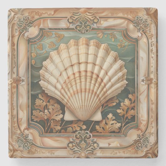 Elegante Seashell Art Nouveau Decorative Steinuntersetzer (Vorderseite)
