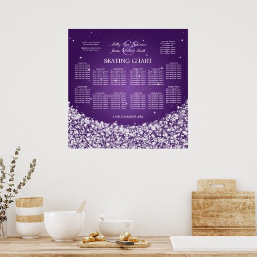 Elegante Seating Chart Star Sparkle Lila Poster (Küche)