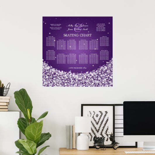 Elegante Seating Chart Star Sparkle Lila Poster (Heimbüro)