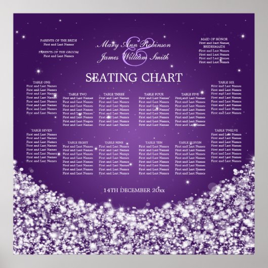 Elegante Seating Chart Star Sparkle Lila Poster (Vorne)