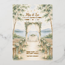 Elegante See-Folie-Hochzeitseinladung im Bergstil