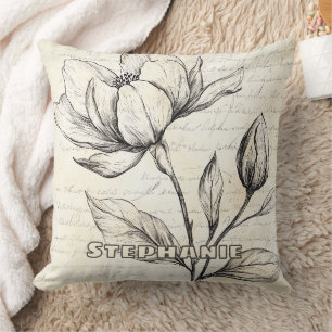 Elegante Sepia-Blumen im Vintage-Schriftzug Kissen