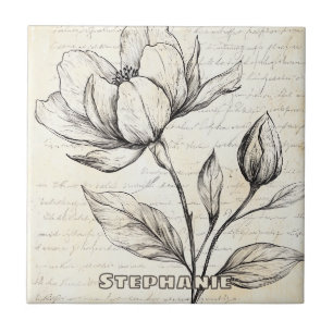 Elegante Sepia-Blumen im Vintage-Skript Fliese