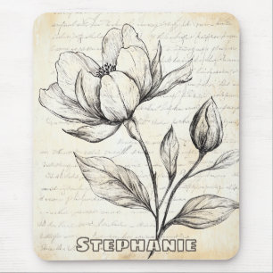 Elegante Sepia-Blumen im Vintage-Skript Mousepad