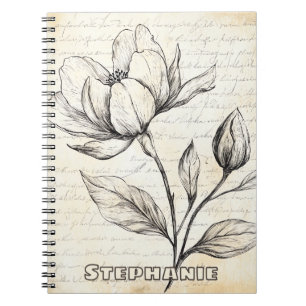 Elegante Sepia-Botanikblumen Vintage-Schrift Notizblock