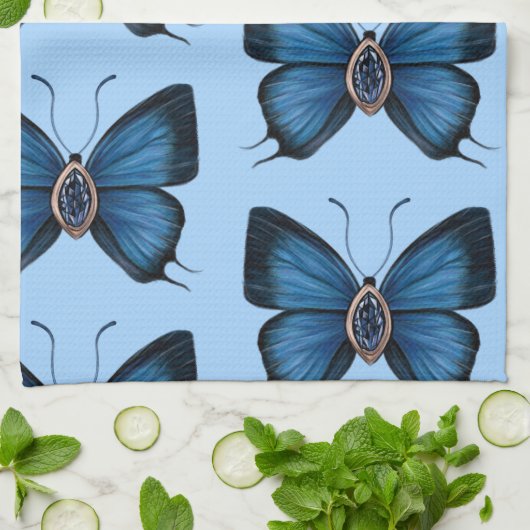 Elegante September Blue Sapphire Butterfly Pattern Geschirrtuch (Gefaltet)
