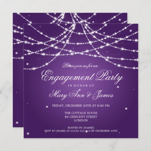 Elegante Setzpartei-Sparkling-String Lila Einladung (Vorne/Hinten)