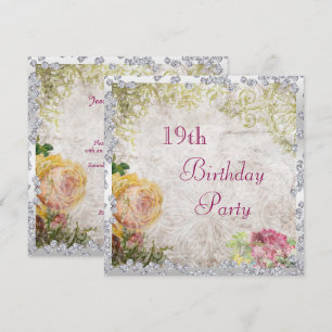 Elegante Shabby Chic Rosen & Diamanten 19. Geburts Einladung