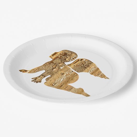 Elegante Shiny Golden Angel Himmlisch White Pappteller (Schrägansicht)