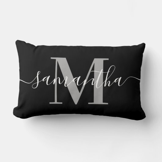 Elegante Signatur Gray Modern Monogram Black Lendenkissen (Vorderseite)