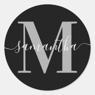 Elegante Signatur Gray Modern Monogram Black Runder Aufkleber