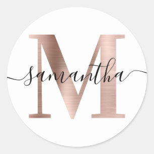 Elegante Signatur-Roségoldfolie-M-Monogramm Runder Aufkleber