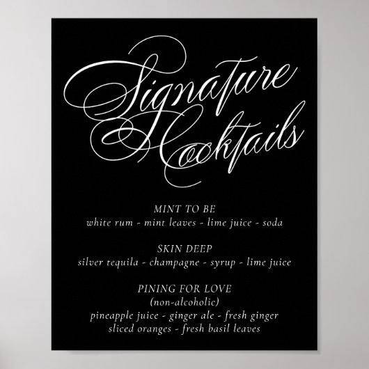 Elegante Signature Cocktail Drink Weiße Kalligraph Poster (Vorne)
