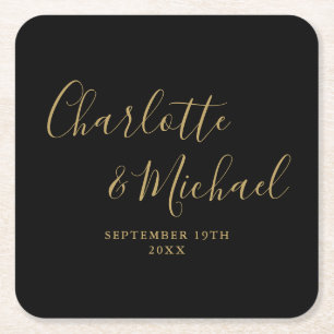 Elegante Signature-Schriftart Schwarze und Goldene Rechteckiger Pappuntersetzer