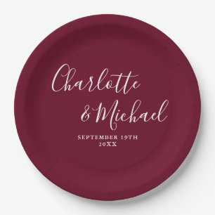 Elegante Signature Script Burgundy Hochzeit Pappteller