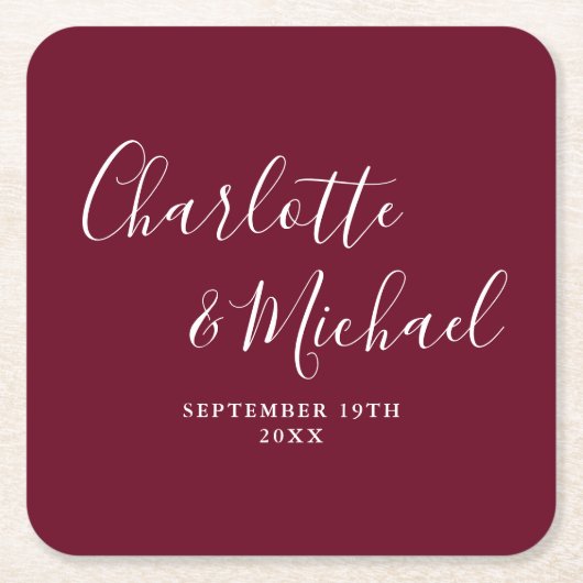Elegante Signature Script Burgundy Hochzeit Rechteckiger Pappuntersetzer (Vorderseite)