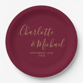 Elegante Signature Script Burgundy und Gold Weddin Pappteller