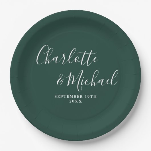 Elegante Signature Script Emerald Green Wedding Pappteller (Vorderseite)