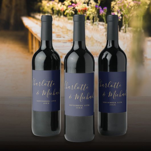 Elegante Signature Script Navy Blue Gold Hochzeit Weinetikett