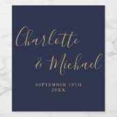 Elegante Signature Script Navy Blue Gold Hochzeit Weinetikett (Einzelnes Label)