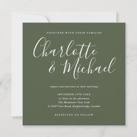 Elegante Signature Script Olive Green Wedding Einladung (Vorderseite)